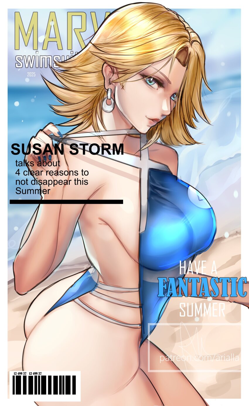 1girl absurdres arialla_draws ass blonde_hair blue_eyes breasts cover earrings fake_cover fantastic_four highres jewelry large_breasts lips long_hair looking_at_viewer magazine_cover marvel marvel_rivals one-piece_swimsuit sideboob smile solo sue_storm swimsuit thick_thighs thighs