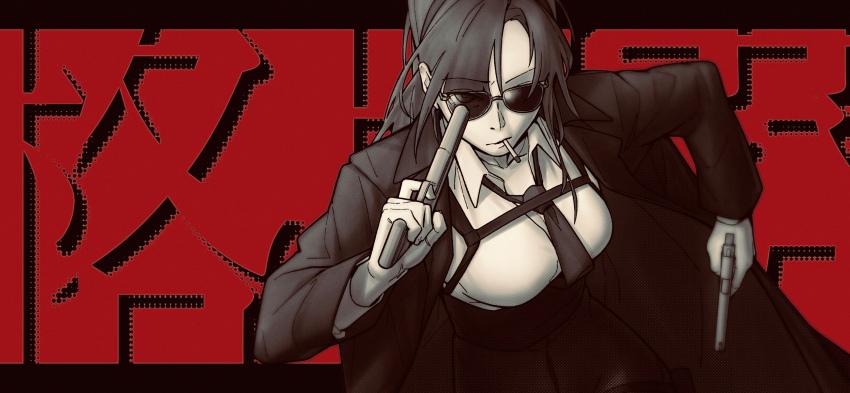 1girl absurdres angelia_(girls&#039;_frontline) black_border black_hair black_jacket black_necktie border breasts chest_harness cigarette_holder closed_mouth commentary emile_aoi english_commentary girls&#039;_frontline gun harness highres holding holding_gun holding_weapon jacket long_hair long_sleeves looking_at_viewer medium_breasts mouth_hold necktie open_clothes open_jacket ponytail red_background shirt simple_background solo sunglasses upper_body weapon white_shirt