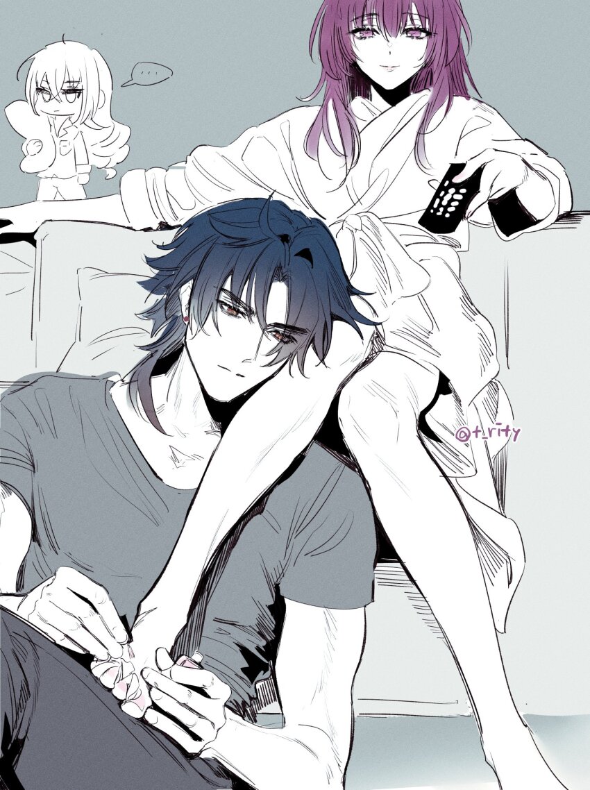 1boy 2girls applying_pedicure barefoot black_hair blade_(honkai:_star_rail) closed_mouth controller feet highres honkai:_star_rail honkai_(series) kafka_(honkai:_star_rail) long_hair multiple_girls nail_polish painting_nails painting_toenails purple_eyes purple_hair red_eyes remote_control rity robe shirt short_hair silver_wolf_(honkai:_star_rail) white_robe