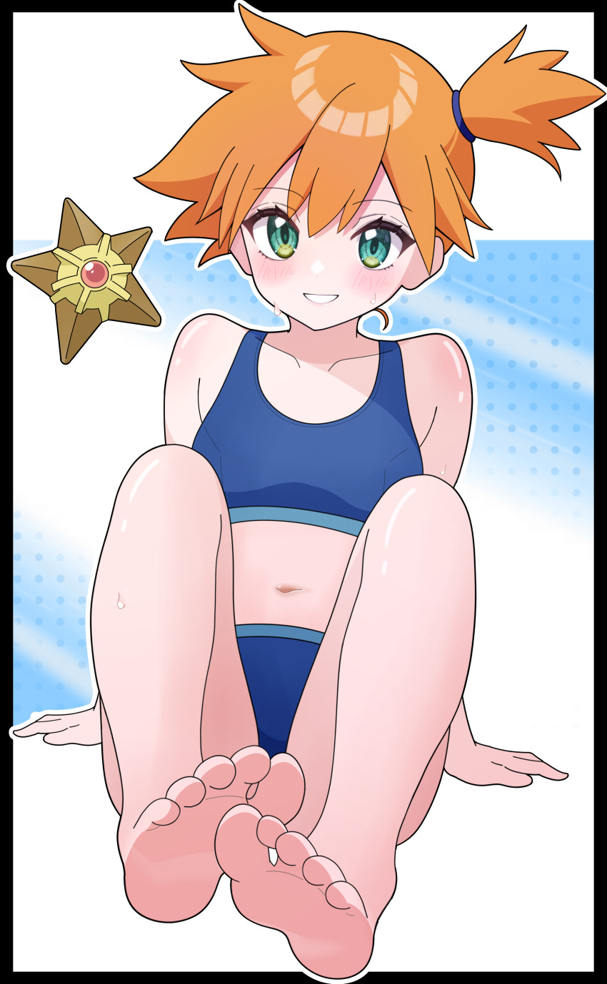 1girl absurdres arm_support barefoot bikini blue_bikini collarbone commentary_request creatures_(company) eyelashes feet game_freak gen_1_pokemon green_eyes grin highres looking_at_viewer misty_(pokemon) navel nintendo odorukaminoke one_side_up orange_hair pokemon pokemon_(creature) pokemon_frlg smile soles staryu swimsuit teeth toes