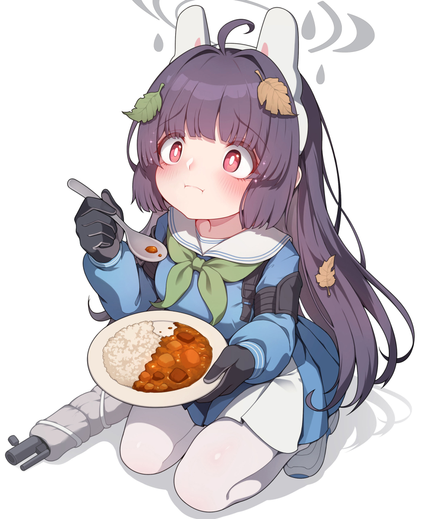 1girl absurdres ahoge animal_ears black_hair blue_archive bolt_action eating fake_animal_ears fuyu_no_usagi gun halo highres leaf leaf_on_head long_hair long_sleeves looking_at_viewer miyu_(blue_archive) mosin-nagant pantyhose rabbit_ears red_eyes rifle school_uniform serafuku shirt simple_background skirt solo spoon weapon white_pantyhose