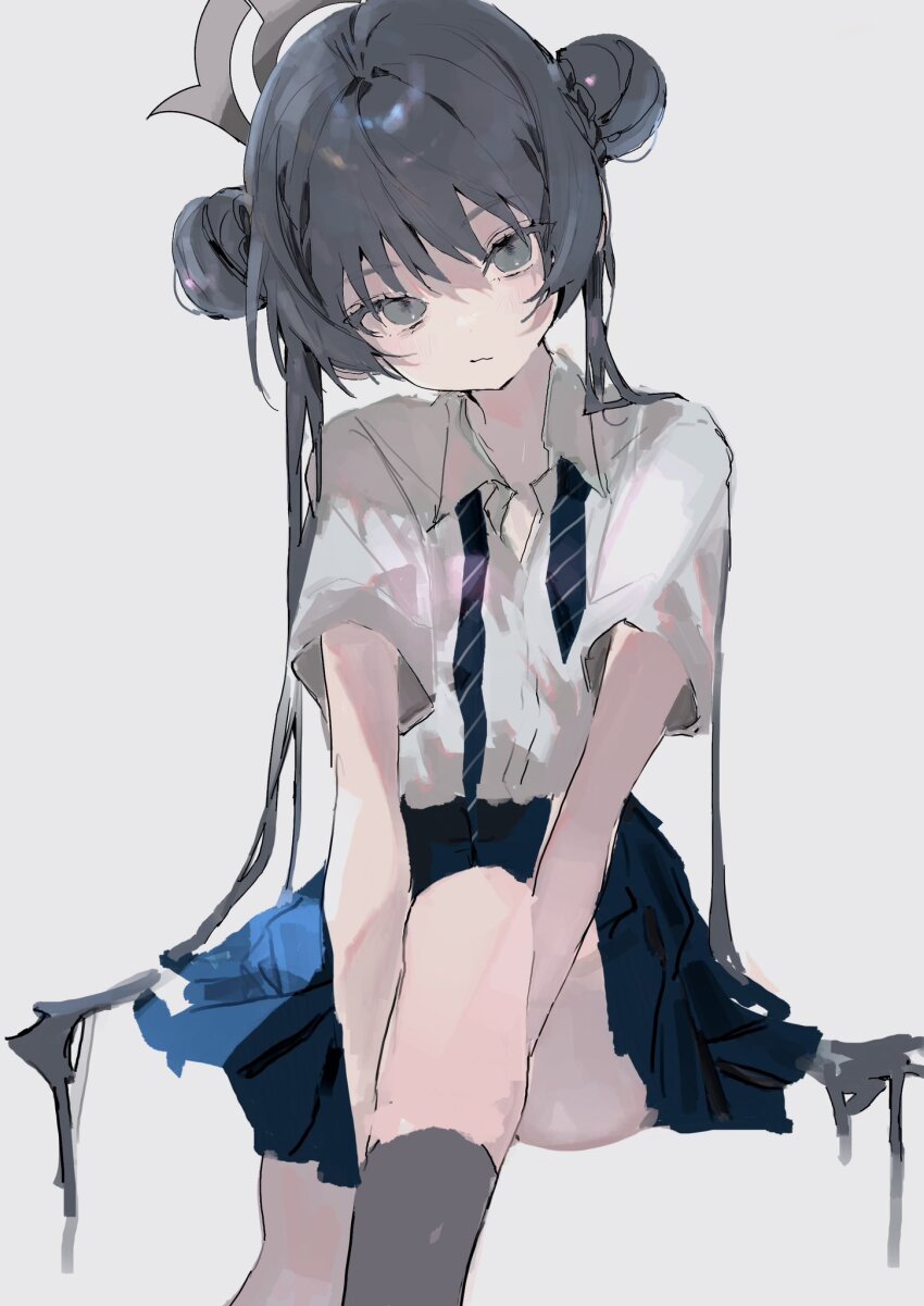1girl binetsu_3_bina black_hair blue_archive blue_skirt closed_mouth commentary double_bun grey_eyes grey_halo hair_bun halo highres kisaki_(blue_archive) knees_up long_hair looking_at_viewer necktie pleated_skirt school_uniform shirt short_sleeves simple_background sitting sketch skirt solo twintails white_background white_shirt