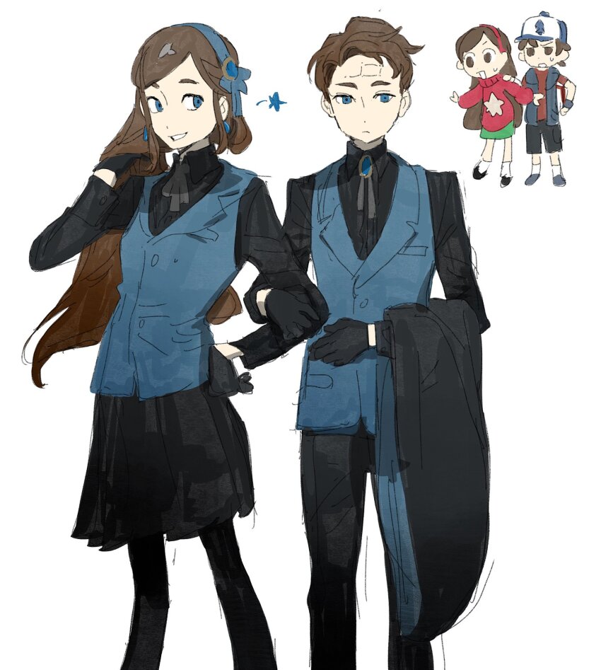 1boy 1girl alternate_universe baseball_cap black_gloves black_shirt black_shorts black_skirt blue_eyes blue_headband blue_vest bolo_tie brown_eyes brown_hair coat collared_shirt deformed dipper_gleeful dipper_pines earrings expressionless forehead gloves gravity_falls green_skirt grin hand_in_own_hair hand_on_own_hip hand_on_own_stomach hat headband highres holding holding_coat holding_unworn_clothes jewelry locked_arms long_hair long_sleeves looking_at_another looking_at_viewer ma_fu mabel_gleeful mabel_pines neck_ribbon pantyhose parted_hair pink_sweater pleated_skirt red_shirt reverse_falls_(gravity_falls) ribbon shirt short_hair shorts siblings side_part sketch skirt smile socks star_(symbol) sweatdrop sweater t-shirt turtleneck turtleneck_sweater unworn_coat vest waistcoat white_background white_socks