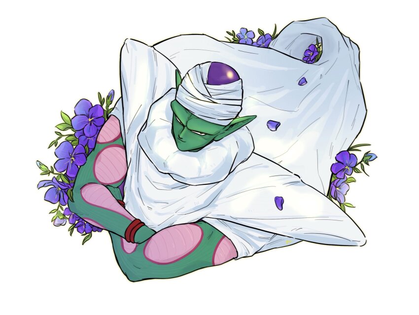 1boy black_eyes cape colored_skin crossed_arms dragon_ball flower green_skin highres looking_at_viewer male_focus petals piccolo pointy_ears purple_flower simple_background smile solo vamos_mk white_background white_cape white_turban