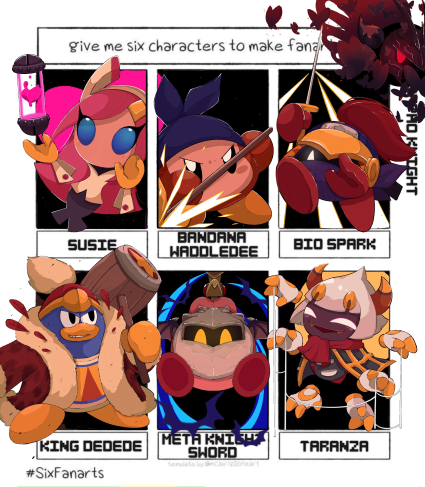 1girl 93mai absurdres bandana bandana_waddle_dee bat_wings bio_spark blue_bandana blue_eyes butterfly_wings cape character_name cosplay extra_arms fangs galaxia_(sword) gloves heart highres holding holding_polearm holding_sword holding_weapon horns insect_wings katana king_dedede kirby kirby:_planet_robobot kirby_star_allies kirby_(series) kirby_and_the_forgotten_land looking_at_viewer mask meta_knight meta_knight_(cosplay) meta_knight_sword_kirby morpho_knight multiple_drawing_challenge nintendo pink_hair polearm rayman_limbs red_eyes red_scarf scarf silk six_fanarts_challenge spear spider_web star_(symbol) susie_(kirby) sword sword_kirby taranza weapon white_hair wings yellow_eyes yellow_gloves