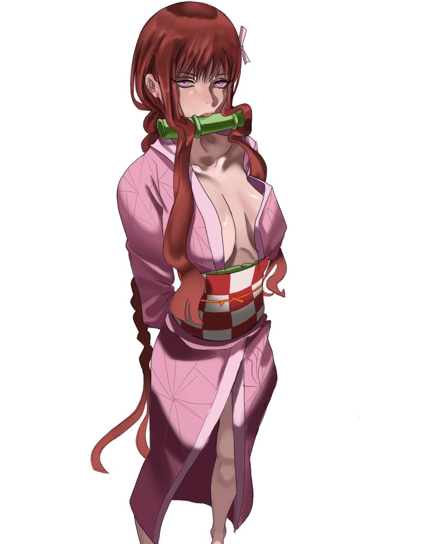 1girl arms_behind_back bit_gag bow breasts chainsaw_man cleavage cosplay dabum_art gag gagged highres japanese_clothes kamado_nezuko kamado_nezuko_(cosplay) kimono long_hair looking_at_viewer makima_(chainsaw_man) medium_breasts pink_bow pink_eyes pink_kimono red_hair solo thighs