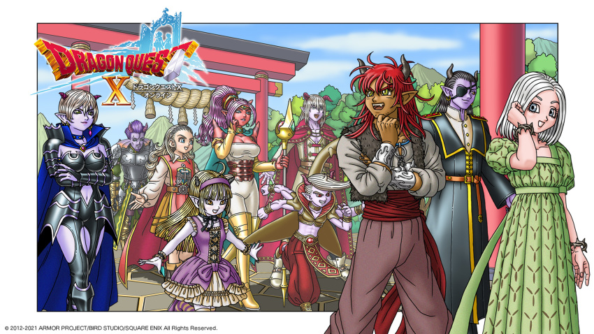 5boys 5girls :d ahoge anlucea armor artist_request azbar_(dragon_quest) beltro_(dq10) black_bow black_bridal_gauntlets black_hair black_horns black_nails blonde_hair blue_eyes blunt_bangs boots border bow bow_choker bracer breasts bridal_gauntlets brown_pants choker cleavage clothing_cutout colored_skin copyright_logo crossed_arms curly_hair dark-skinned_male dark_skin demon_boy demon_girl dragon_quest dragon_quest_x dress earrings extra_arms eyepatch fangs fins frilled_dress frilled_wrist_cuffs frills fur_vest gold_earrings green_dress green_eyes grey_eyes hair_pulled_back hair_slicked_back hairband head_fins highres holding holding_staff hoop_earrings horns illusia_(dq10) jewelry large_breasts long_hair looking_at_another looking_back luchenda_(dq10) medium_hair messy_hair mountain multiple_boys multiple_girls najinn_(dragon_quest) navel navel_cutout necklace official_art official_wallpaper open_mouth pants parted_hair pepelogora pointy_ears purple_bow purple_hair purple_hairband purple_skin red_hair red_horns red_pants red_sash red_tabard rinverry sash short_hair shoulder_spikes silver_hairband small_breasts smile spikes staff tabard tan thigh_boots thigh_cutout third-party_source thorns toned toned_male torii tucking_hair valeria_(dragon_quest) walking white_border white_hair wrist_cuffs yellow_boots yellow_eyes yushuka_(dragon_quest)