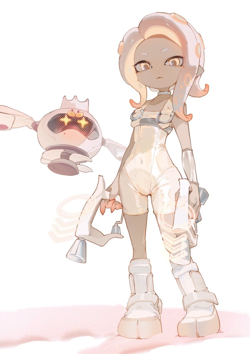 2girls agent_8_(splatoon) arms_at_sides bodysuit boots brown_hair choker commentary covered_navel crown dark-skinned_female dark_skin detached_sleeves drone dual_wielding floating full_body grey_hair highres holding holding_weapon long_hair looking_at_viewer multicolored_hair multiple_girls nintendo non-humanoid_robot octoling octoling_girl octoling_player_character order_dualies_(splatoon) parted_lips pearl_(splatoon) pearl_drone_(splatoon) robot shima_(5p6p7p) single_detached_sleeve sleeveless sleeveless_bodysuit socks splatoon_(series) splatoon_3 splatoon_3:_side_order star-shaped_pupils star_(symbol) suction_cups symbol-only_commentary symbol-shaped_pupils tentacle_hair two-tone_hair weapon white_background white_bodysuit white_choker white_footwear white_socks yellow_eyes