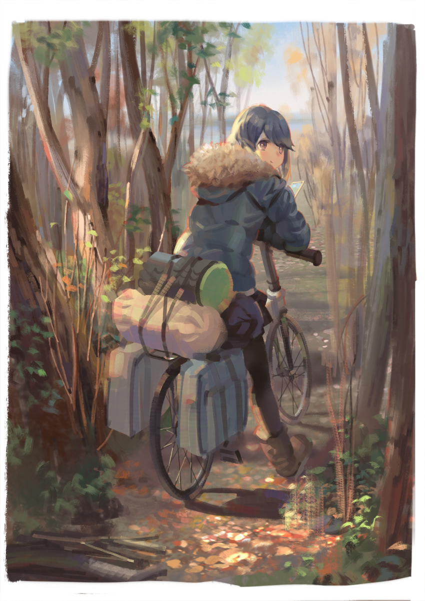 1girl bicycle black_hair black_pantyhose boots border brown_boots closed_mouth coat day female_focus forest fur-trimmed_coat fur_trim highres hood hood_down looking_at_viewer looking_back nature outdoors pantyhose pantyhose_under_shorts path psi_(583278318) purple_eyes riding road shima_rin shorts smile solo tree white_border yurucamp