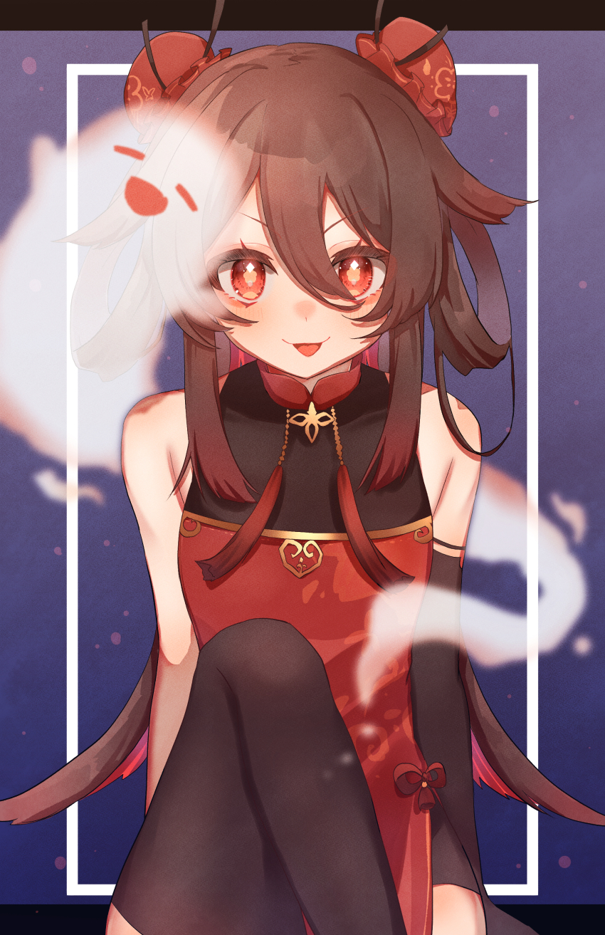 1girl :p absurdres alternate_costume bare_shoulders black_shorts black_thighhighs blush boo_tao_(genshin_impact) brown_hair bun_cover china_dress chinese_clothes commentary_request double_bun dress elbow_gloves flower-shaped_pupils genshin_impact ghost gloves hair_between_eyes hair_bun hair_rings highres hu_tao_(genshin_impact) letterboxed long_hair looking_at_viewer makalo_ni_hakase red_dress red_eyes shorts single_glove sleeveless sleeveless_dress solo symbol-shaped_pupils thighhighs tongue tongue_out