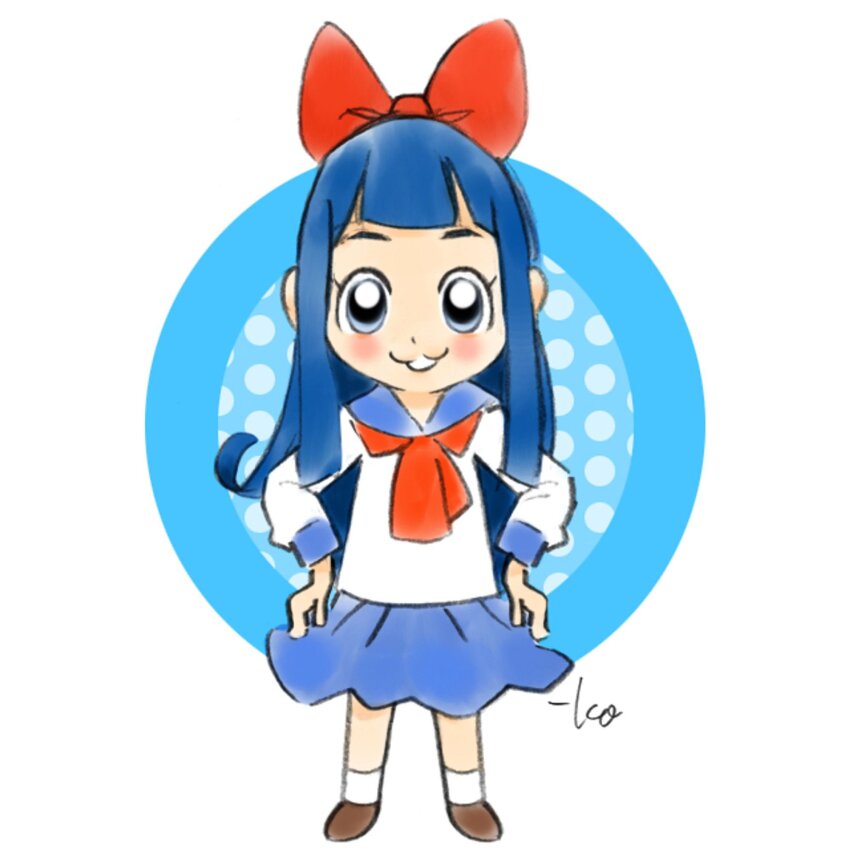 1girl :3 blue_eyes blue_hair blue_sailor_collar blue_skirt bow brown_shoes commentary full_body hair_bow highres light_blush long_hair looking_at_viewer neckerchief open_mouth pipimi poptepipic red_bow red_neckerchief sailor_collar school_uniform serafuku shirt shoes sidelocks signature skirt socks standing takeuchi_kou white_shirt white_socks