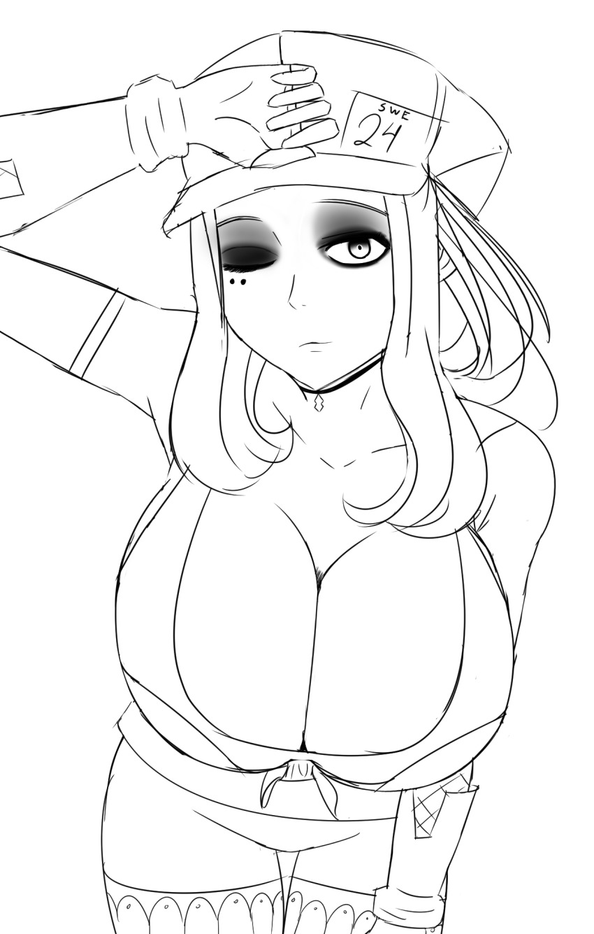 1girl breasts cleavage coco_(code_vein) code_vein hat highres huge_breasts one_eye_closed