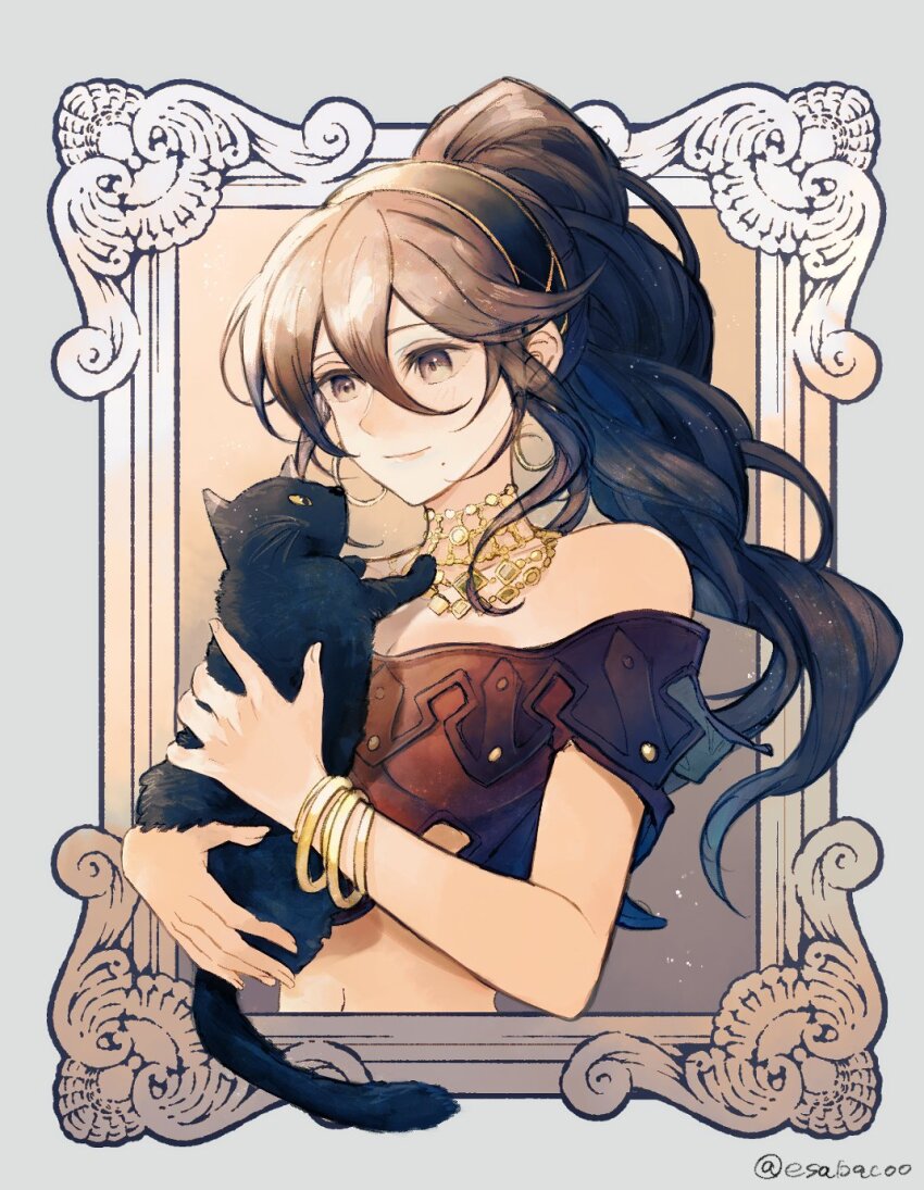 1girl animal artist_name black_cat black_headband bracelet brown_hair cat closed_mouth crop_top dancer earrings framed_image from_side gold_bracelet hair_between_eyes headband highres holding holding_animal holding_cat hoop_earrings jewelry leaf_(esabacoo) long_hair looking_at_animal mole mole_under_mouth necklace octopath_traveler octopath_traveler_i picture_frame ponytail primrose_azelhart sidelocks smile solo twitter_username upper_body