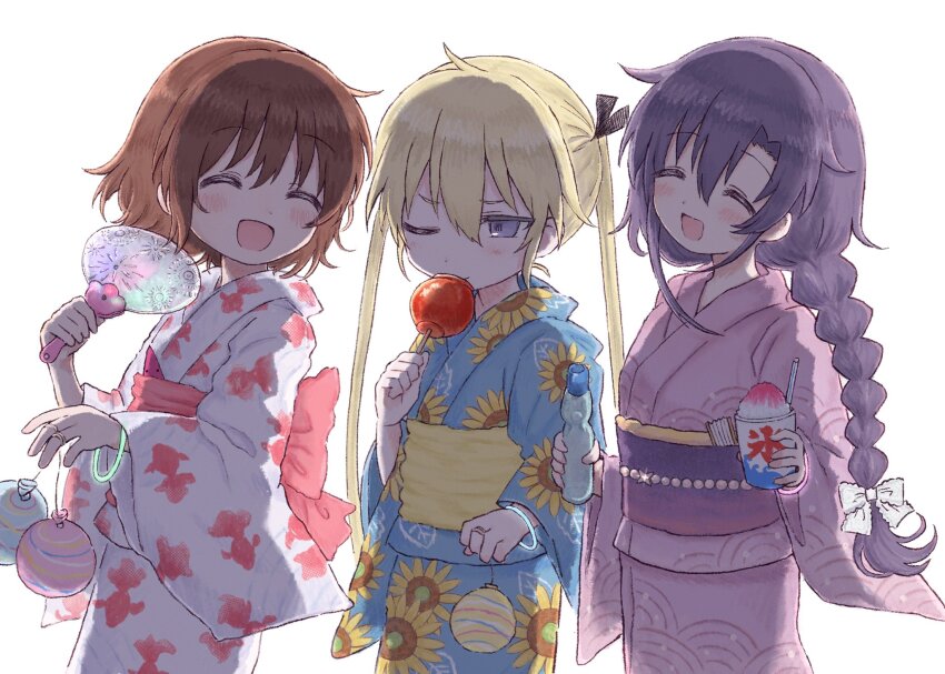 3girls alternate_hairstyle blonde_hair blue_kimono bottle bow bracelet braid braided_ponytail brown_hair candy_apple closed_eyes floral_print folded_fan folding_fan food friends glowstick goshiki_agiri hair_bow hand_fan highres holding holding_bottle holding_fan japanese_clothes jewelry kill_me_baby killmint kimono laughing long_hair multiple_girls one_eye_closed oribe_yasuna print_kimono purple_eyes purple_hair purple_kimono seigaiha shaved_ice short_hair simple_background sonya_(kill_me_baby) standing sunflower_print twintails water_yoyo white_background white_kimono yukata