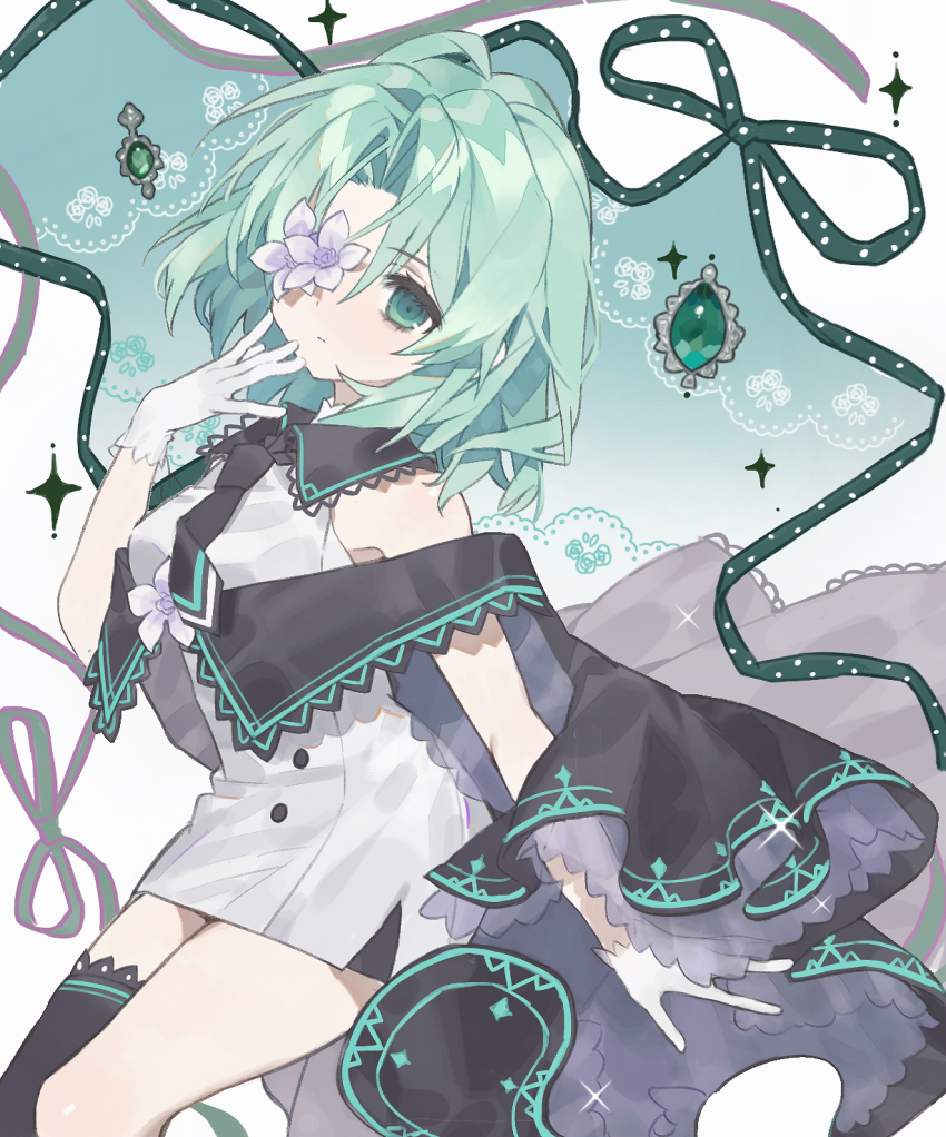 1girl arcaea black_cape black_necktie black_thighhighs buttons cape chair closed_mouth collared_dress cowboy_shot curtained_hair double-breasted dress expressionless flower flower_over_eye gelato1014 gem gloves green_eyes green_gemstone green_hair green_ribbon green_theme hand_up highres lace microdress necktie off_shoulder on_chair one_eye_covered ribbon saya_(arcaea) short_hair single_thighhigh sitting sleeveless sleeveless_dress solo sparkle_background thighhighs thighs two-sided_cape two-sided_fabric white_background white_dress white_flower white_gloves wing_collar