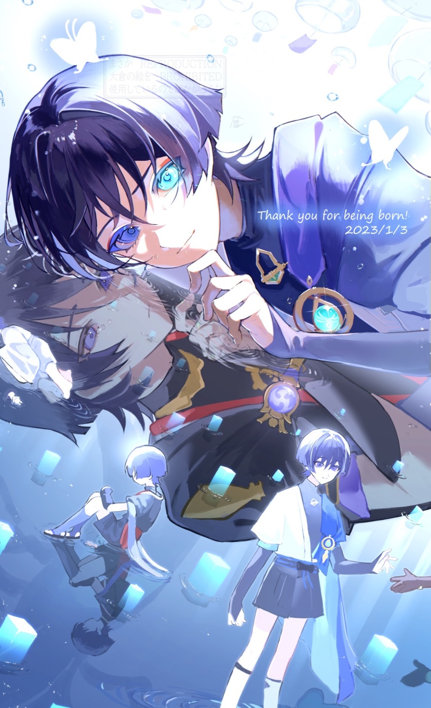 2boys anemo_symbol_(genshin_impact) aqua_gemstone arm_at_side arm_on_knee black_bodysuit black_bow black_hair black_kimono black_leggings black_sandals black_shorts black_sleeves blunt_ends bodysuit bow bridal_gauntlets bug butterfly cape closed_mouth curled_fingers dated different_reflection disembodied_hand dual_persona english_text eyelashes eyeliner eyeshadow furisode gem genshin_impact glint glowing_butterfly gold hair_intakes happy_birthday head_down heterochromia highres insect japanese_clothes jewelry juban kimono lantern layered_sleeves leg_warmers leggings looking_at_another looking_at_viewer lying makeup multiple_boys neck_ring nero_hanken on_side open_clothes open_kimono purple_bridal_gauntlets purple_cape purple_eyes purple_hair purple_leggings purple_sleeves reaching reaching_towards_another red_eyeliner red_eyeshadow red_kimono reflection ripples sandals scaramouche_(genshin_impact) short_sleeves shorts sitting_on_liquid smile standing standing_on_liquid stirrup_legwear tears toeless_legwear vision_(genshin_impact) wanderer_(genshin_impact) white_kimono white_leg_warmers wind_chime wispy_bangs zouri