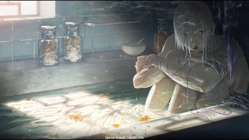 1girl a.k.i._(street_fighter) bathtub capcom chain claws completely_nude female_focus hair_over_one_eye jar mole mole_under_mouth nude pestle petals red_eyes solo street_fighter street_fighter_6 sunlight wet white_hair window
