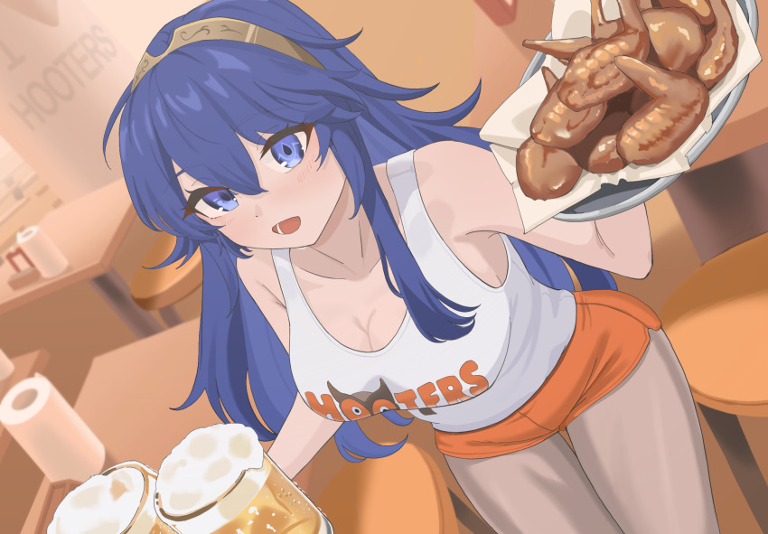 1girl alcohol bare_shoulders beer_mug blue_eyes blue_hair blush brand_of_the_exalt breasts chicken_wing cleavage cup employee_uniform fire_emblem fire_emblem_awakening hair_between_eyes highres holding holding_tray hooters large_breasts long_hair looking_at_viewer lucina_(fire_emblem) mug nintendo nye_(nyemadras) open_mouth orange_shorts short_shorts shorts smile solo table tank_top thighhighs tiara tissue tray waitress