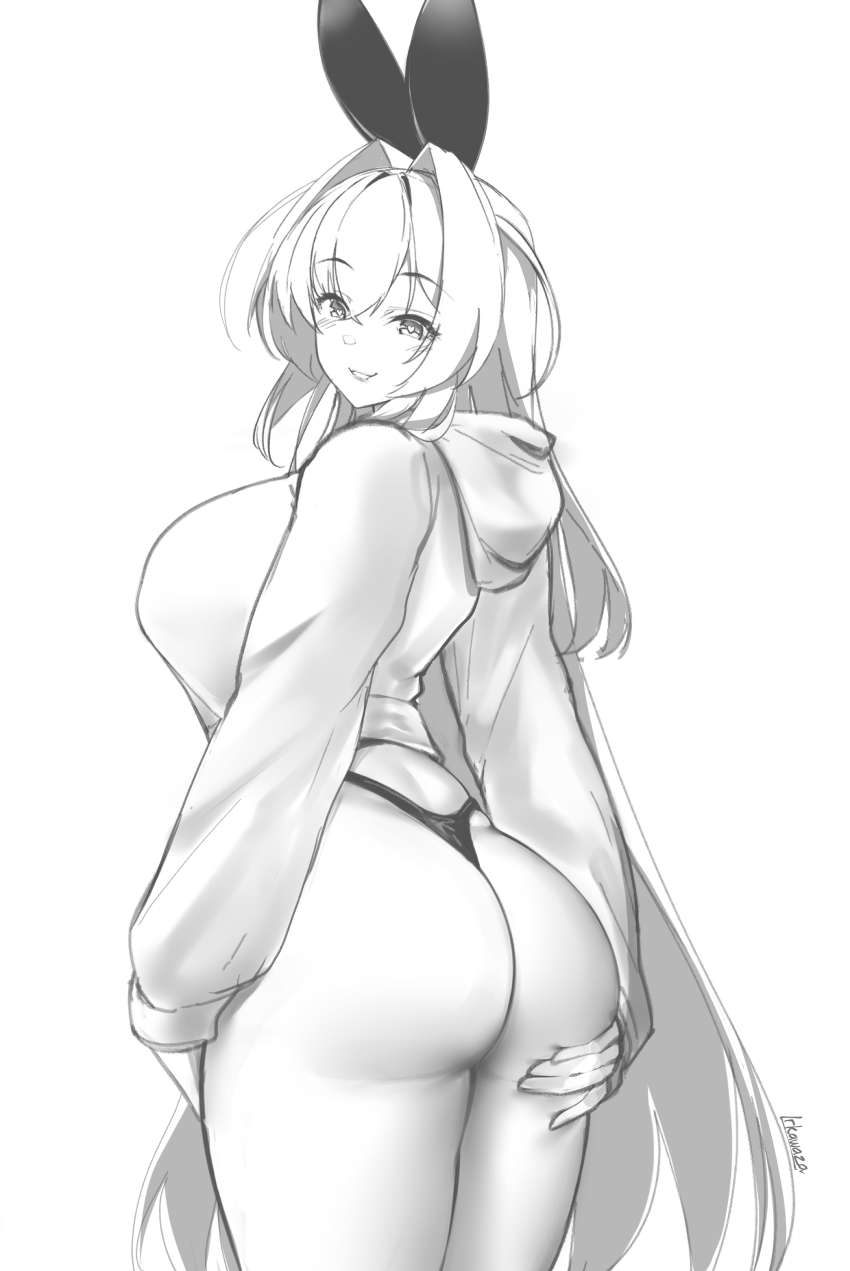 1girl absurdres alternate_costume artist_name ass azur_lane blush bow breasts eyebrows_hidden_by_hair facing_away greyscale hair_between_eyes hair_bow hair_intakes hand_on_own_ass heart heart-shaped_pupils highres hood hood_down hoodie irkawaza jacket large_breasts long_hair looking_at_viewer looking_back monochrome new_jersey_(azur_lane) open_mouth panties sideboob sidelocks signature simple_background sketch smile solo symbol-shaped_pupils teeth thick_thighs thighs underwear upper_body very_long_hair white_background