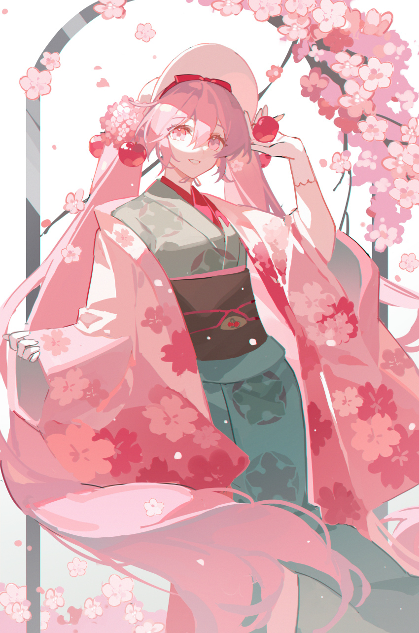 1girl absurdres alternate_costume bonnet cherry_blossom_print cherry_blossoms cherry_hair_ornament feet_out_of_frame floral_print food-themed_hair_ornament gloves hair_ornament hand_up haori hatsune_miku highres japanese_clothes kazenemuri kimono long_hair long_sleeves looking_at_viewer obi pink_eyes pink_hair pink_haori sakura_miku sash solo twintails very_long_hair vocaloid white_gloves wide_sleeves