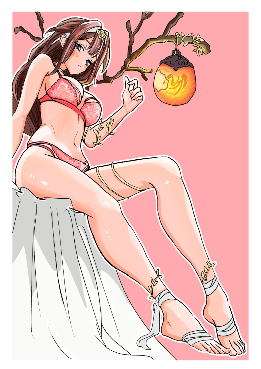 1girl barefoot blue_eyes blush bra brown_hair chappu_(chapillust) feet highres long_hair looking_at_viewer monster_strike nectar_(monster_strike) panties toes underwear
