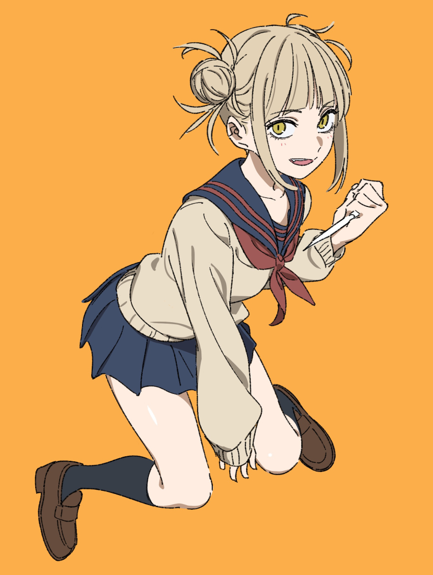 1girl black_sailor_collar black_skirt blonde_hair blunt_bangs boku_no_hero_academia brown_flower brown_shoes double_bun fang flower full_body hair_bun highres holding holding_knife holding_weapon kashiwa_(iersansi) kneehighs knife loafers long_sleeves looking_at_viewer neckerchief open_mouth orange_background pleated_skirt red_neckerchief sailor_collar school_uniform shoes simple_background skirt socks solo toga_himiko weapon yellow_eyes