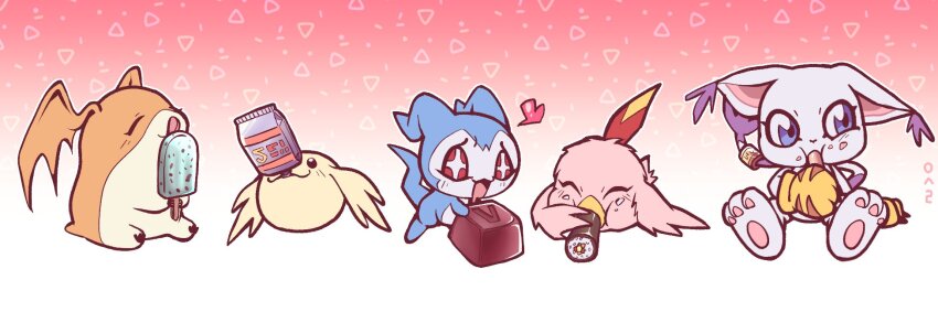 blue_eyes body_fur cat chibimon chocolate digimon digimon_(creature) digimon_adventure_02 drinking eating food heart highres holding holding_food holding_popsicle no_humans oh_sorry_01 patamon pink_background popsicle poromon saliva tailmon upamon white_fur