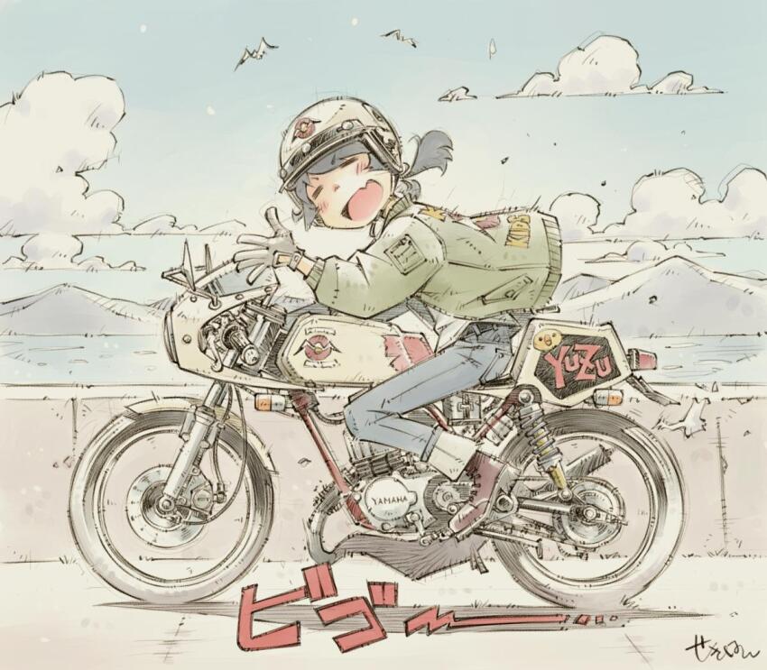 1girl bird blue_pants boots character_request cloud day denim fang gloves green_jacket helmet jacket jeans motor_vehicle motorcycle motorcycle_helmet mountainous_horizon open_clothes open_jacket open_mouth outdoors pants ponytail riding seagull sekihan skin_fang solo sound_effects yamaha zesshaka!_shiritsu_yotsuwa_joshi_gakuin_zetsumetsu_kigu-sha_gakka