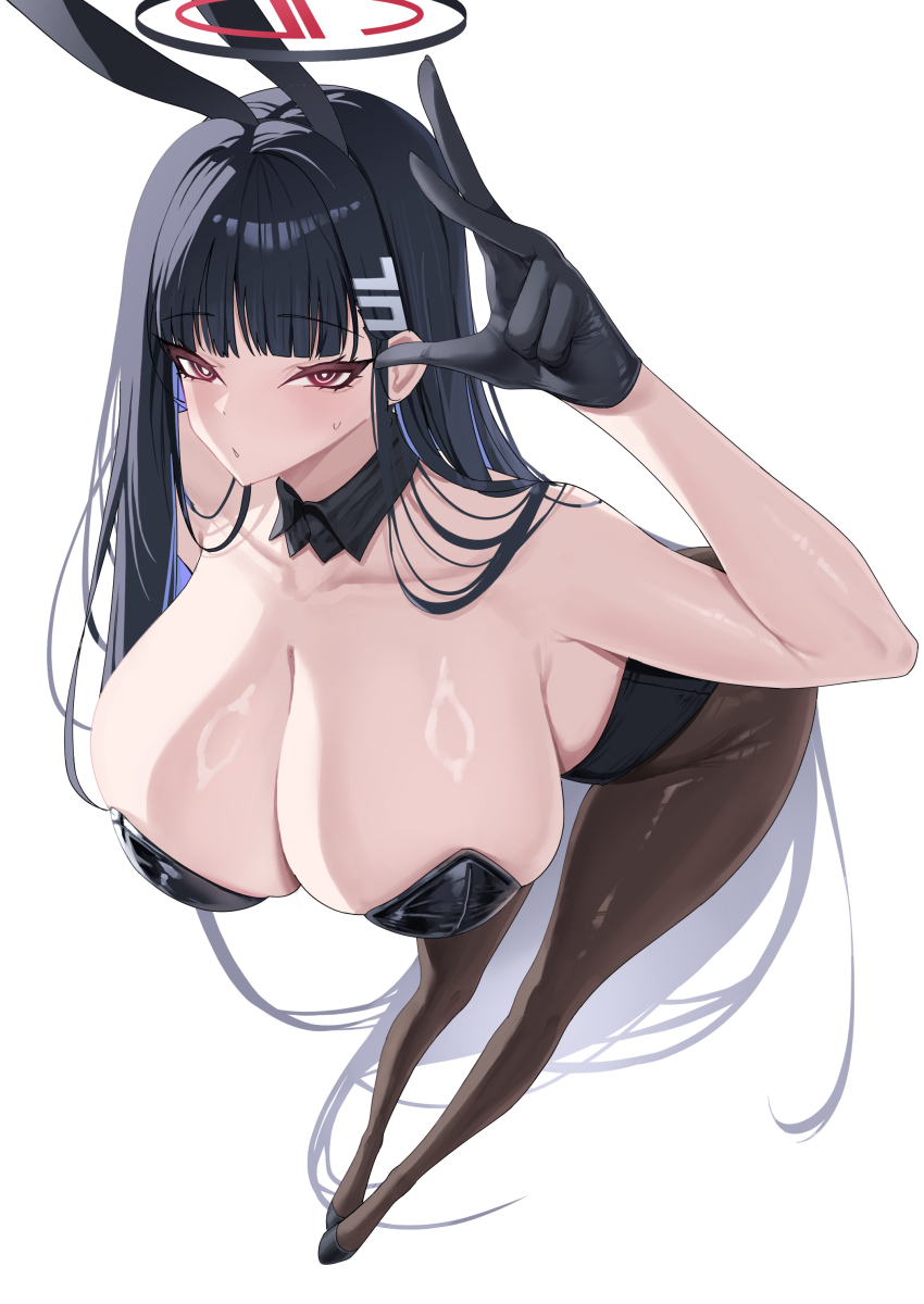 1girl absurdres animal_ears aroused bent_over black_hair black_thighhighs blue_archive blunt_bangs breasts breasts_focus collar full_body funaya_(a2brasd) hand_up highres huge_breasts large_breasts leotard long_hair looking_at_viewer playboy_bunny rabbit_ears revealing_clothes rio_(blue_archive) seductress shiny_skin shy simple_background solo thighhighs very_long_hair w white_background