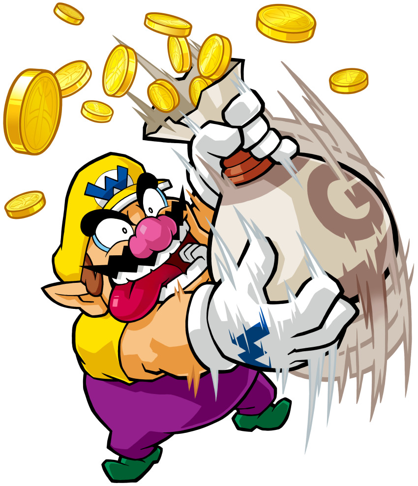 1boy absurdres big_nose brown_hair coin facial_hair gloves gold_coin green_footwear hat highres holding holding_sack motion_lines mustache nintendo official_art overalls pointy_ears purple_overalls sack third-party_source tongue tongue_out wario wario_land wario_land:_shake_it! white_gloves yellow_hat