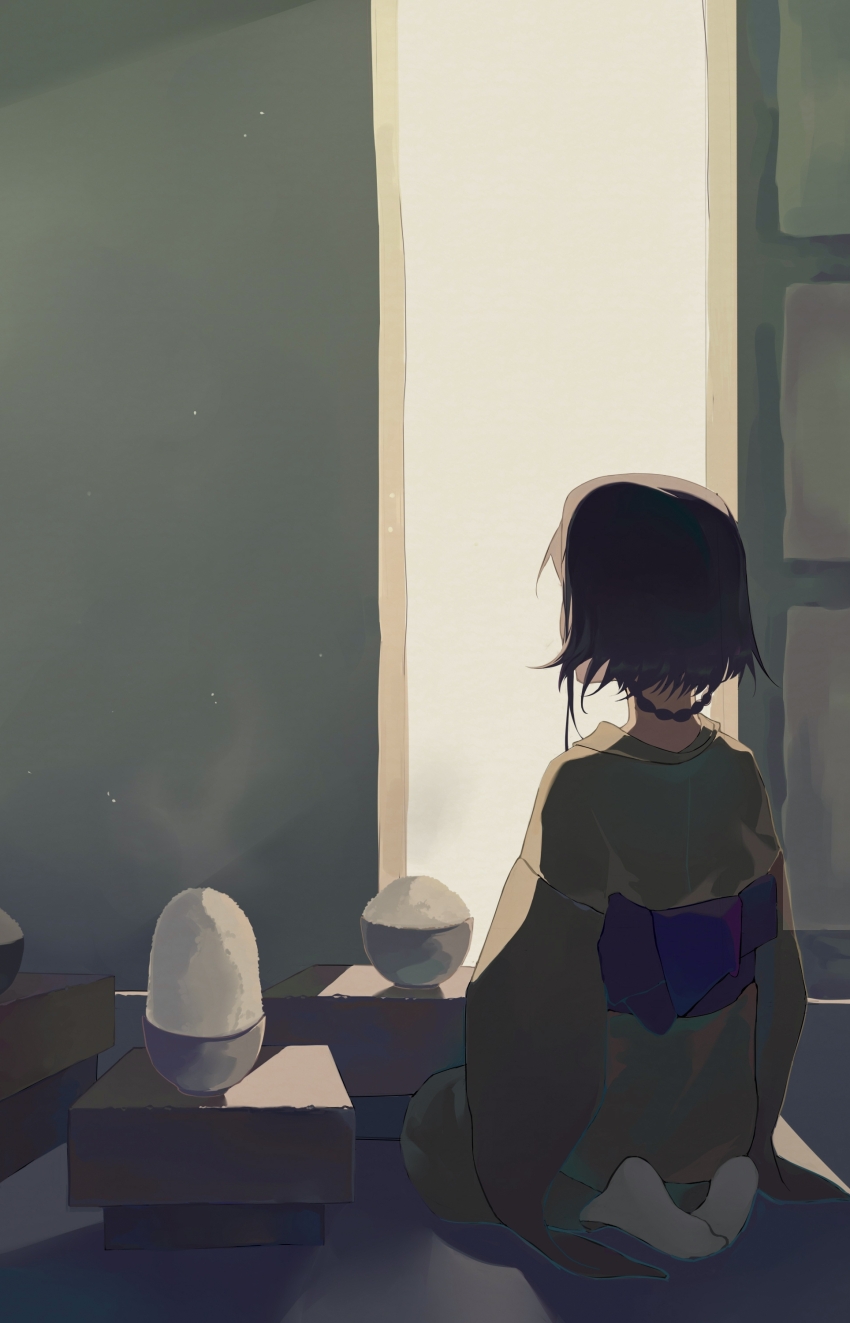 1girl absurdres back black_hair bowl braid buyaozaoqi doorway fate/samurai_remnant fate_(series) food from_behind green_kimono highres japanese_clothes kimono obi ogasawara_kaya rice_bowl sash seiza short_hair shouji sitting sliding_doors solo tabi table waiting