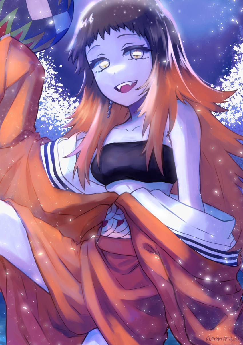 1girl absurdres alternate_hair_length alternate_hairstyle ball breasts crop_top fangs gami_(gami37260414) highres holding holding_ball japanese_clothes kimetsu_no_yaiba kimono kimono_partially_removed night night_sky oni orange_hair orange_kimono sky slit_pupils snowing spiked_hair susamaru_(kimetsu_no_yaiba) temari_ball tree winter yellow_eyes