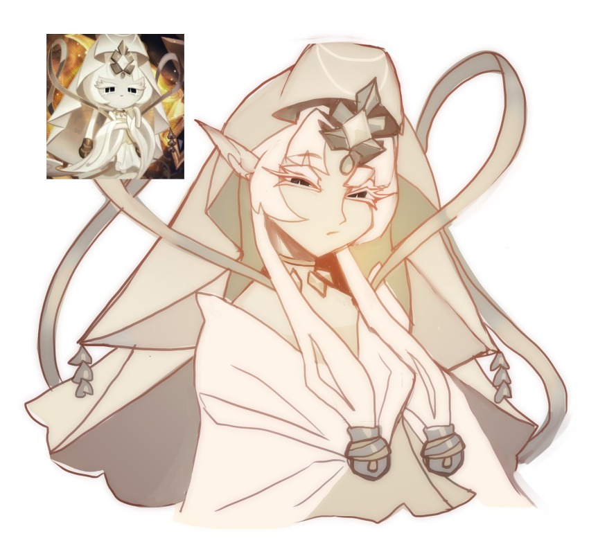 1girl absurdres black_eyes chinese_clothes closed_mouth cookie_run cookie_run:_kingdom diamond_(gemstone) dress highres long_hair long_sleeves looking_at_viewer mystic_flour_cookie pale_skin quinalice1 reference_inset robe shawl slit_pupils solo veil very_long_hair white_dress white_hair white_robe white_veil wide_sleeves