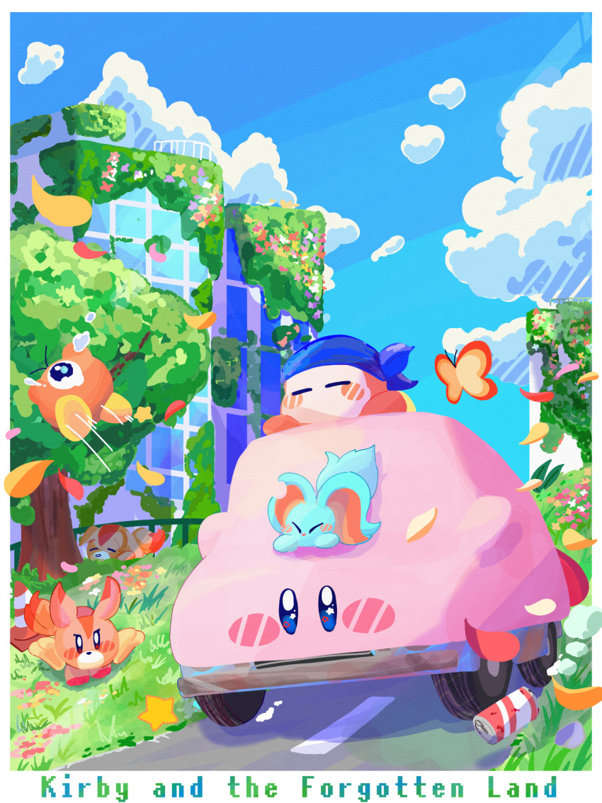 awoofy bandana bandana_waddle_dee blue_bandana blue_eyes blue_sky blush blush_stickers border bug building butterfly can car car_mouth closed_eyes cloud commentary_request copyright_name crying day elfilin fence flower grass highres insect kirby kirby_(series) kirby_and_the_forgotten_land leaf motion_lines motor_vehicle mouthful_mode nintendo no_humans omame_sakana one-eyed outdoors overgrown riding road rock shadow sky sleeping star_(symbol) star_in_eye symbol_in_eye tears traffic_cone tree waddle_doo white_border yellow_butterfly
