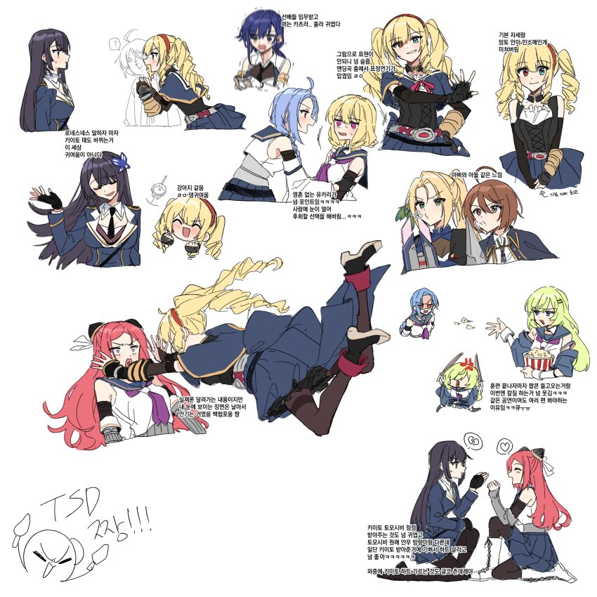 6+girls ? ^_^ absurdres ahoge anger_vein angry ankle_boots aqua_eyes arm_across_waist arm_at_side artist_self-insert assault_lily asymmetrical_gloves bare_shoulders belt black_footwear black_necktie black_pantyhose black_thighhighs blonde_hair blue_capelet blue_cloak blue_eyes blue_hair blue_jacket blue_sailor_collar blue_skirt blush boots braid braided_ponytail breasts broken_heart brown_eyes brown_pantyhose brown_scrunchie bucket buckle capelet chibi clenched_hands cloak closed_eyes collared_shirt commentary_request covered_eyes crop_top cropped_legs cropped_torso cup danji_bang detached_collar detached_sleeves drill_hair drill_sidelocks dual_wielding elbow_gloves epaulettes eye_contact facing_another fingerless_gloves floating_hair food frilled_shirt frills funada_kiito gloves green_eyes green_hair grey_belt grey_shirt hair_between_eyes hair_ornament hair_over_shoulder hairband hairclip hairpods hand_on_another&#039;s_arm hand_on_own_hip hand_up hands_up hayami_katsura head_only heart heterochromia high_heel_boots high_heels highres holding holding_bucket holding_cup holding_sword holding_weapon igusa_subaru imamura_yukari_(assault_lily) imminent_hug jacket kawabata_hotaru kawamura_yuzuriha komai_sumire korean_commentary korean_text large_breasts layered_sleeves leaning_forward long_hair long_sleeves looking_ahead looking_at_another looking_at_viewer loose_necktie low_ponytail maruyama_amane medium_breasts midair mismatched_gloves motion_blur multiple_girls multiple_views neck_ribbon neckerchief necktie no_pupils off_shoulder on_one_knee open_hand open_mouth outstretched_arms own_hands_together pantyhose parted_bangs parted_lips pink_ribbon pleated_skirt ponytail popcorn pouncing profile puckered_lips puff_of_air purple_eyes purple_hair purple_neckerchief red_eyes red_footwear red_hair red_hairband ribbon sailor_collar school_uniform scrunchie serafuku shaded_face shiba_tomoshibi shirt shoe_soles short_hair side-by-side side_braid sidelocks sideways_glance simple_background single_braid skirt sleeveless sleeveless_shirt snap-fit_buckle speech_bubble spoken_heart spoken_question_mark sweatdrop sword teacup thighband_pantyhose thighhighs throwing translation_request trembling twintails two-tone_shirt v-shaped_eyebrows v_arms wavy_hair weapon white_background white_gloves wide_sleeves