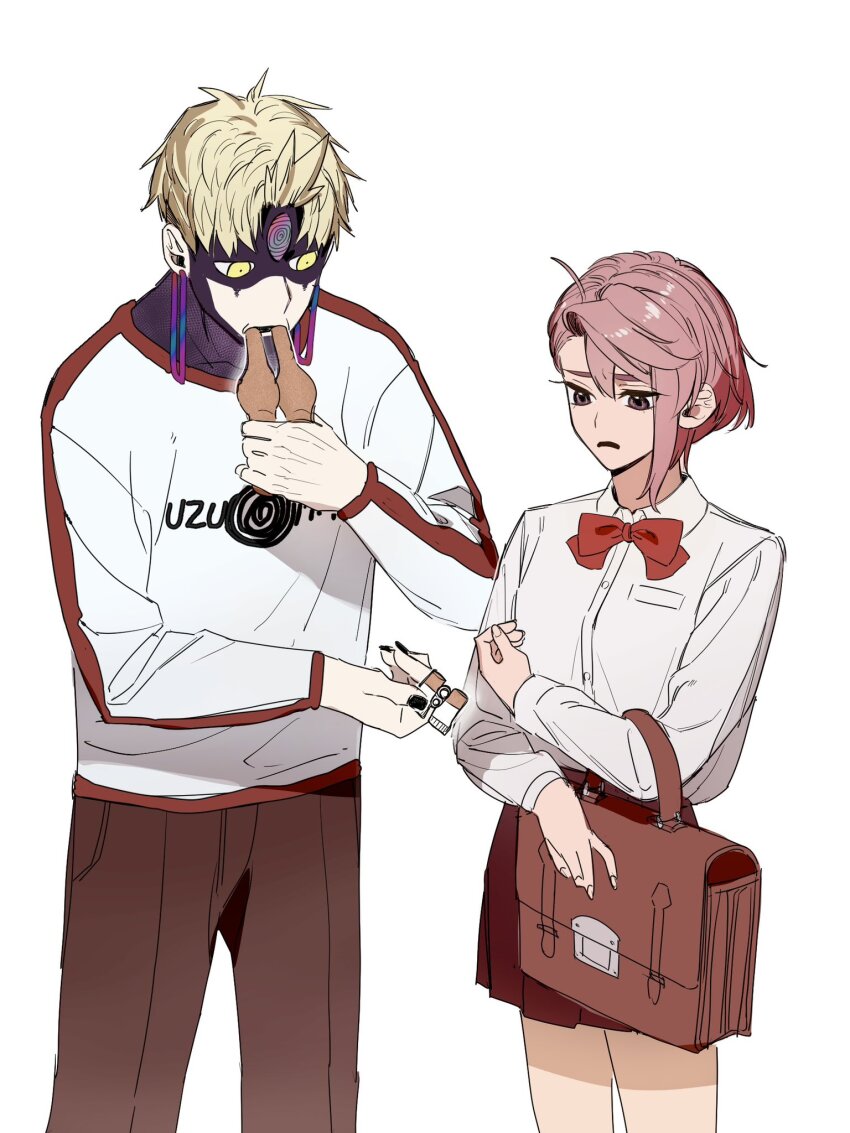 1boy 1girl alternate_form bag black_nails blonde_hair bow bowtie brown_bag brown_pants collared_shirt dandadan earrings enjoji_jin evil_eye_(dandadan) feet_out_of_frame highres holding holding_bag jewelry long_sleeves miniskirt pants pink_hair pleated_skirt red_bow red_bowtie school_bag shiratori_aira_(dandadan) shirt short_hair single_sidelock skirt standing third_eye transformation uzumaki white_background white_shirt ycy5nljkl410219 yellow_eyes