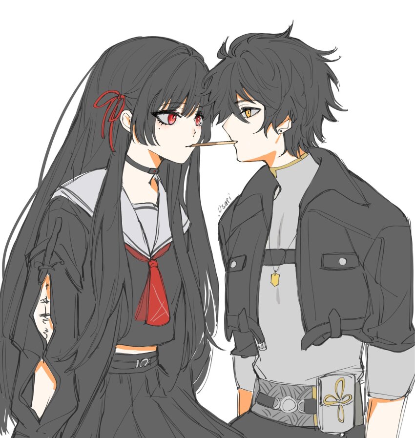 .osari 1boy 1girl arm_cutout arm_tattoo artist_name belt belt_buckle belt_pouch black_belt black_choker black_hair black_jacket black_serafuku black_shirt black_skirt blunt_sidelocks buckle chest_belt chisa_(wuthering_waves) choker closed_mouth clothing_cutout couple cropped_jacket earrings eye_contact face-to-face flat_color food food_in_mouth grey_sash grey_shirt hair_ribbon hetero highres hime_cut jacket jewelry long_hair long_sidelocks long_sleeves looking_at_another male_rover_(wuthering_waves) midriff_peek mole mole_under_eye necklace necktie open_clothes open_jacket pleated_skirt pocky pocky_in_mouth pocky_kiss pouch red_eyes red_necktie red_ribbon ribbon rover_(wuthering_waves) sailor_collar sailor_shirt school_uniform serafuku shared_food shirt short_hair sidelocks simple_background skirt straight_hair stud_earrings tacet_mark_(wuthering_waves) tattoo three-quarter_sleeves turtleneck turtleneck_shirt upper_body very_long_hair very_short_hair white_background white_sailor_collar winter_clothes wuthering_waves yellow_eyes