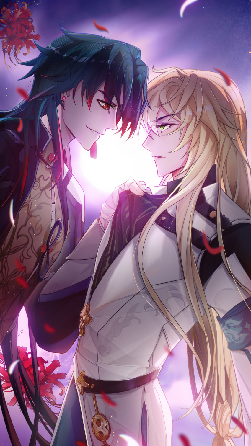 2boys absurdres bandaged_hand bandages black_hair black_jacket blade_(honkai:_star_rail) blonde_hair chinese_clothes earrings green_eyes hair_between_eyes highres honkai:_star_rail honkai_(series) jacket jewelry long_hair long_sleeves luocha_(honkai:_star_rail) male_focus multicolored_hair multiple_boys red_eyes red_hair shenjudongmandabanban single_earring very_long_hair white_jacket yaoi