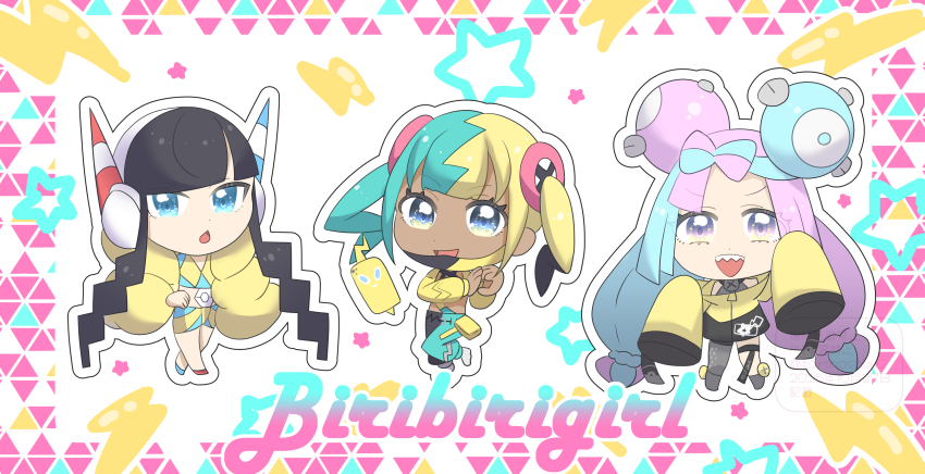 3girls absurdres canari_(pokemon) chibi dark-skinned_female dark_skin elesa_(pokemon) highres iono_(pokemon) multicolored_hair multiple_girls nintendo pokemon pokemon_bw2 pokemon_legends:_z-a pokemon_sv rotom rotom_phone two-tone_hair