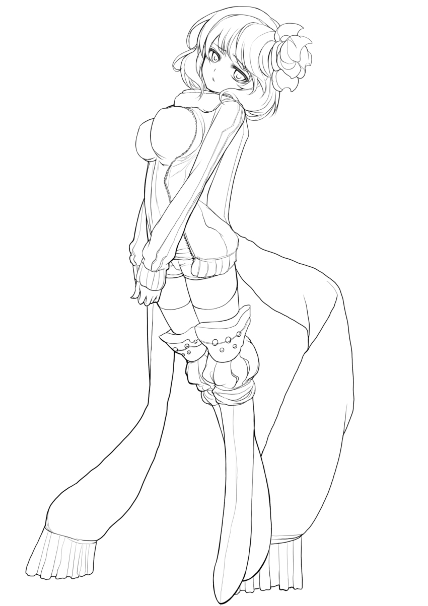 1girl absurdres breasts char female_focus greyscale hair_ornament highres jacket jersey large_breasts long_sleeves monochrome open_clothes open_jacket original scarf short_hair simple_background sleeves_past_wrists solo standing thighhighs track_jacket white_background