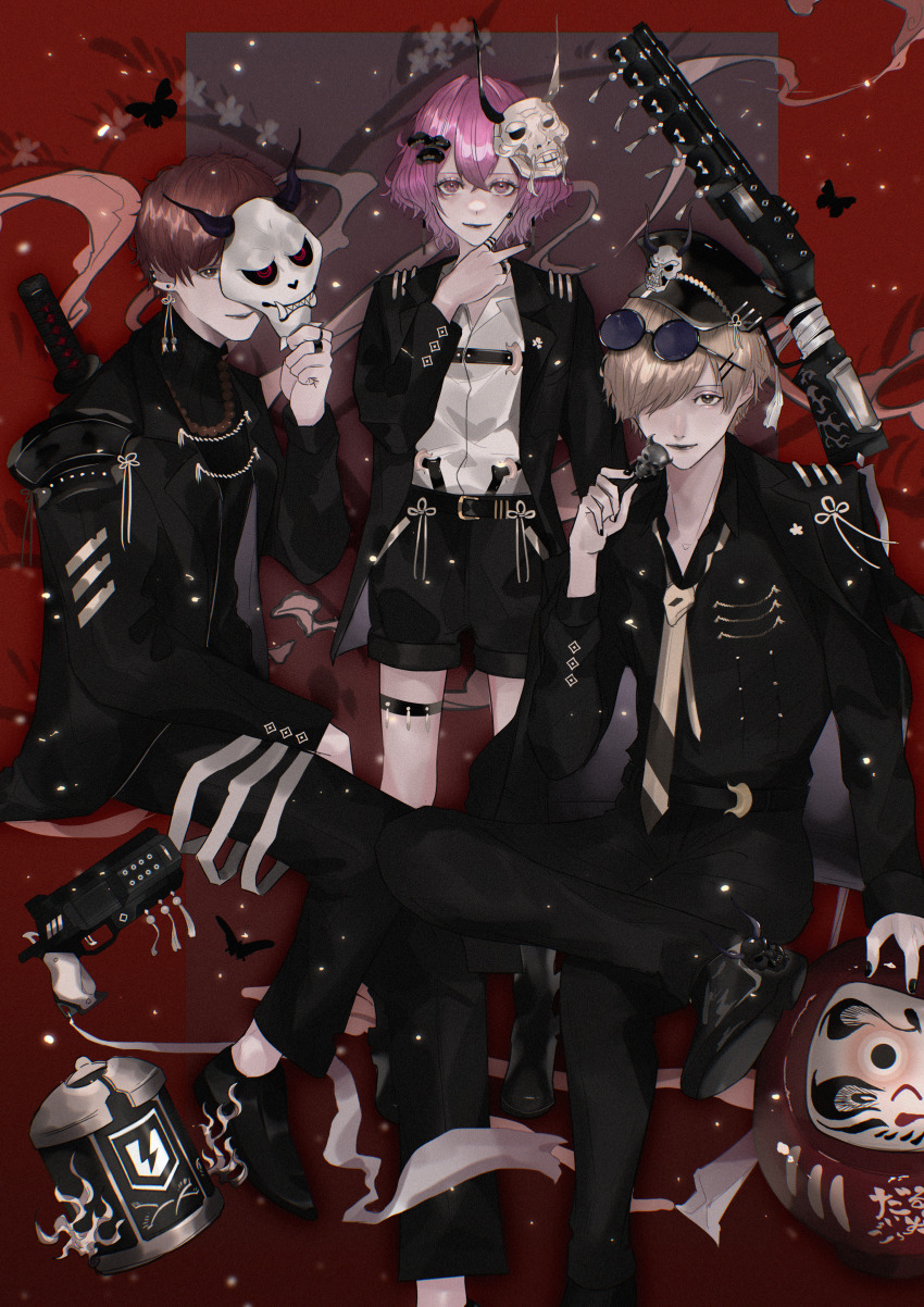 1girl 2boys absurdres apex_legends arisakaaa_(crazy_raccoon) bead_necklace beads belt belt_buckle black-framed_eyewear black_belt black_boots black_hat black_jacket black_nails black_pants black_shoes black_shorts boots brown_hair brown_necktie buckle closed_mouth collared_shirt commentary_request crazy_raccoon crossed_bangs daruma_doll daruma_is_god eyelashes eyewear_on_head grey_eyes grey_lips gun hair_ornament hair_over_one_eye hand_up handgun harness hat hat_ornament highres holding holding_mask indie_utaite invisible_chair inward_v jacket jewelry light_smile lips lipstick loafers long_sleeves looking_at_viewer makeup mano_aaa mask mask_on_head military_uniform multiple_boys multiple_rings nail_polish necklace necktie nqrse one_eye_covered open_clothes open_jacket pants pink_eyes pink_hair red_background ring round_eyewear shirt shoes short_hair shorts shotgun sitting skull_hat_ornament standing swept_bangs sword sword_on_back thigh_strap v very_short_hair weapon weapon_on_back weapon_request white_shirt