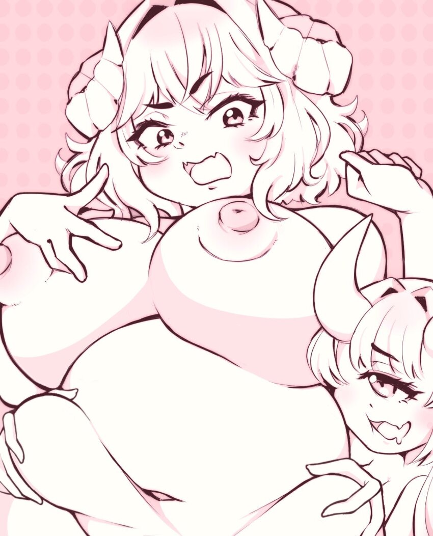 2025 2girls belly breasts cecihime cecilia_rosenkreutz cow_girl eira_woolcot fang greyscale highres horn horns indie_virtual_youtuber large_breasts looking_down monochrome multiple_girls one-eyed oni_girl open_mouth plump saliva self-portrait sexual_harassment yuri