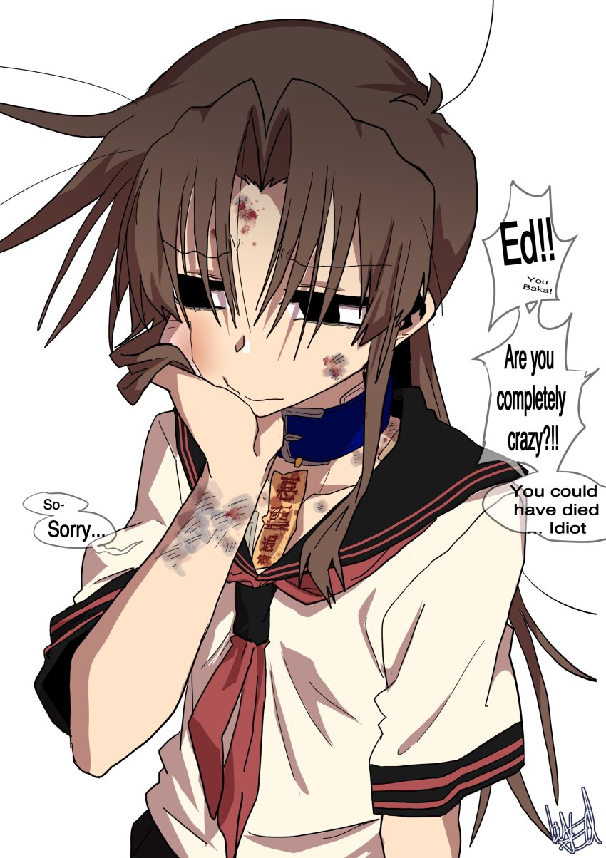 1girl absurdres black_eyes black_sailor_collar black_skirt blood blood_on_face blue_collar brown_hair bruise closed_mouth collar collarbone ed-chan_(edkuroki) edkuroki english_text gauze gauze_on_cheek gauze_on_chest gauze_on_shoulder hair_intakes hand_on_own_cheek hand_on_own_face highres injury jewelry long_hair neckerchief necklace ofuda ofuda_on_clothes original red_neckerchief sailor_collar shirt short_sleeves sidelocks signature simple_background skirt solo speech_bubble upper_body wavy_mouth white_background white_shirt