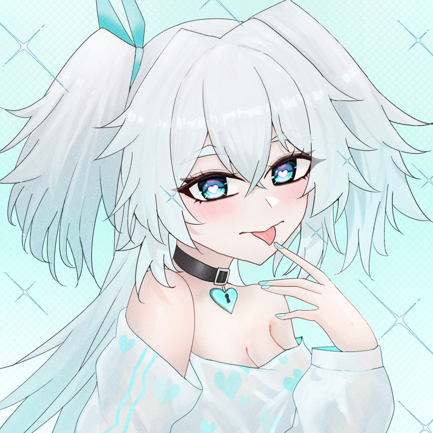 1girl :p aazz226652 bare_shoulders black_choker blue_eyes blue_nails blue_ribbon blush breasts choker cleavage florence_(girls&#039;_frontline_2) from_side girls&#039;_frontline girls&#039;_frontline_2:_exilium hair_between_eyes hair_ribbon heart heart-shaped_pupils heart_choker heart_print highres licking_own_finger long_hair looking_at_viewer messy_hair off-shoulder_shirt off_shoulder pa-15_(girls&#039;_frontline) pa-15_(marvelous_yam_pastry)_(girls&#039;_frontline) ribbon shirt small_breasts smile solo symbol-shaped_pupils tongue tongue_out upper_body very_long_hair white_hair white_shirt