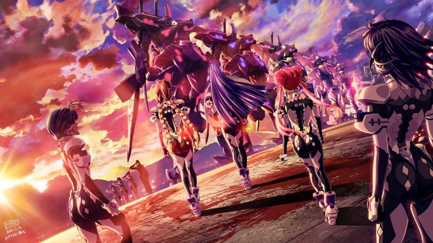 6+girls antenna_hair ass ayamine_kei black_hair blue_hair braid breasts cloud commission double_bun ebisu_minagi fortified_suit hair_bun kamiyo_tatsumi long_hair mecha mecha_pilot_suit medium_breasts medium_hair mitsurugi_meiya multiple_girls muv-luv muv-luv_alternative pilot_suit ponytail popgun_(22882502) robot sakaki_chizuru salute science_fiction skeb_commission sky sunset tactical_surface_fighter tamase_miki tomoe_yukino tsukuyomi_mana twin_braids twintails type_00_takemikazuchi very_long_hair walking yoroi_mikoto