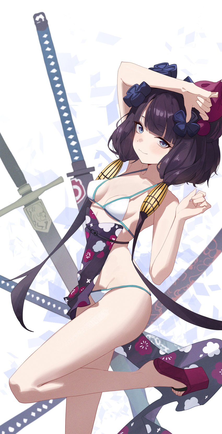 1girl absurdres aqua_trim arm_over_head arm_up bikini blue_eyes blush breasts closed_mouth collarbone commentary fate/grand_order fate_(series) feet_up hair_ornament heel-less_heels highres kanzashi katsushika_hokusai_(fate) katsushika_hokusai_(swimsuit_saber)_(fate) long_hair looking_at_viewer navel platform_sandals purple_hair purple_sash red_shoes sandals sash sheath shoes solo stomach sukaliya swimsuit sword thighs twintails weapon white_background white_bikini