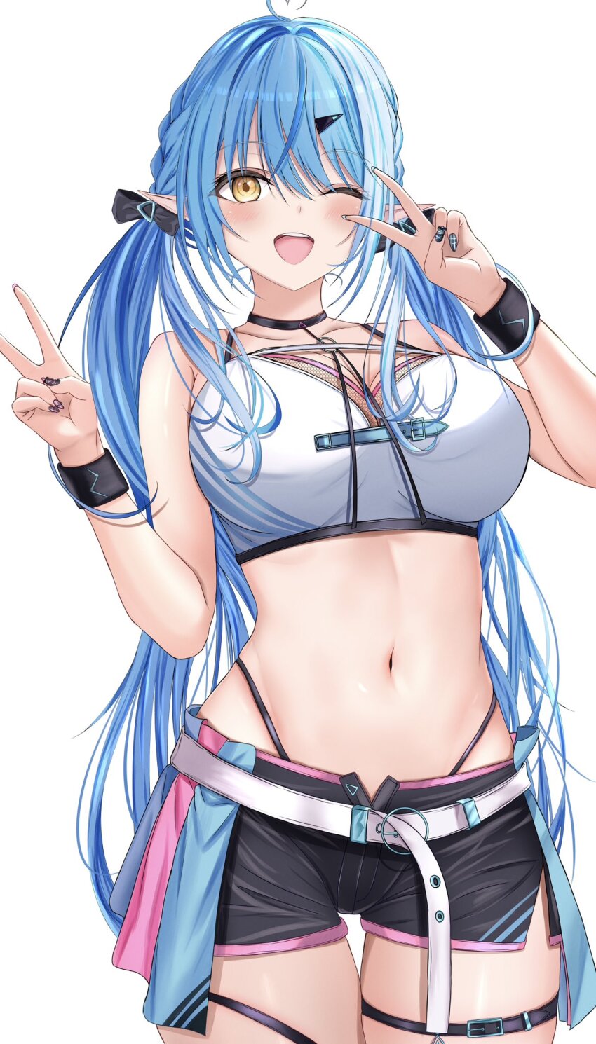 1girl bare_shoulders black_shorts blue_hair breasts cowboy_shot double_v elf highres hololive hololive_english large_breasts one_eye_closed pointy_ears sarla-twin88 short_shorts shorts simple_background solo strapless tube_top v virtual_youtuber white_background white_tube_top yellow_eyes yukihana_lamy yukihana_lamy_(cyber)