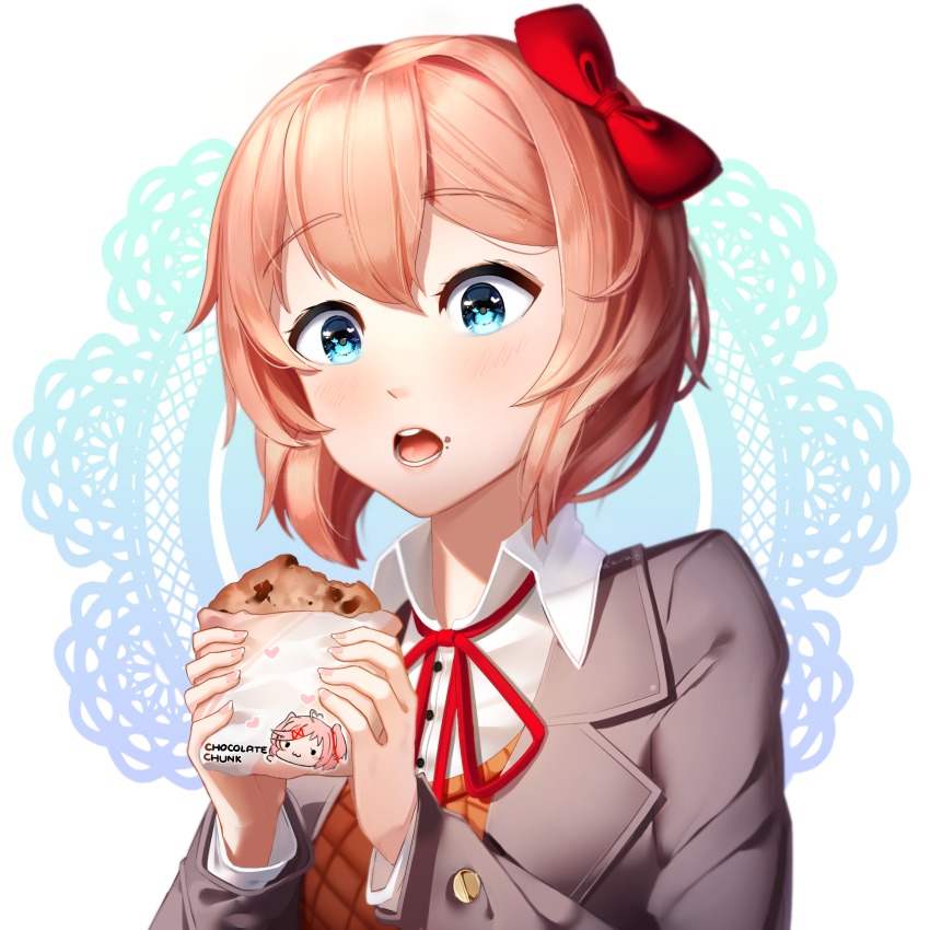 1girl :3 blue_eyes blush bow commentary cookie doki_doki_literature_club english_commentary female_focus food food_on_face hair_bow heart heart_in_eye highres natsuki_(doki_doki_literature_club) open_mouth pink_hair red_bow sasoura sayori_(doki_doki_literature_club) school_uniform short_hair solo symbol_in_eye upper_body