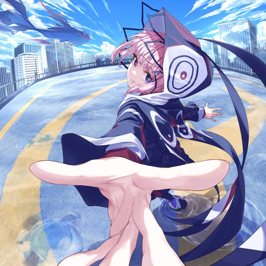1girl absurdres blue_eyes blue_jacket blue_sky building cityscape cloud cloudy_sky endo_yohane foreshortening from_behind head_tilt highres hood hood_up hooded_jacket jacket kaf_(kamitsubaki_studio) kamitsubaki_studio laplace_(kamitsubaki_studio) long_hair looking_at_viewer multicolored_jacket outdoors perspective pink_hair reaching reaching_towards_viewer rooftop sky skyscraper solo very_long_hair virtual_youtuber whale wide_sleeves yellow_pupils