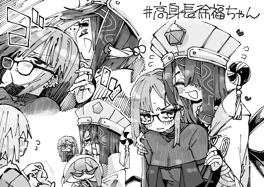 3girls :d blood blush breasts character_doll chinese_clothes closed_eyes crying doll ear_piercing fate/grand_order fate_(series) fingernails flying_sweatdrops greyscale hair_over_one_eye hand_on_another&#039;s_shoulder hashtag hat headbutt heart highres holding holding_doll holding_tissue lady_yu_doll mash_kyrielight mole mole_under_eye monochrome multiple_girls nosebleed open_mouth piercing sidelocks smile waira wide_sleeves xu_fu_(fate) yu_mei-ren_(fate)